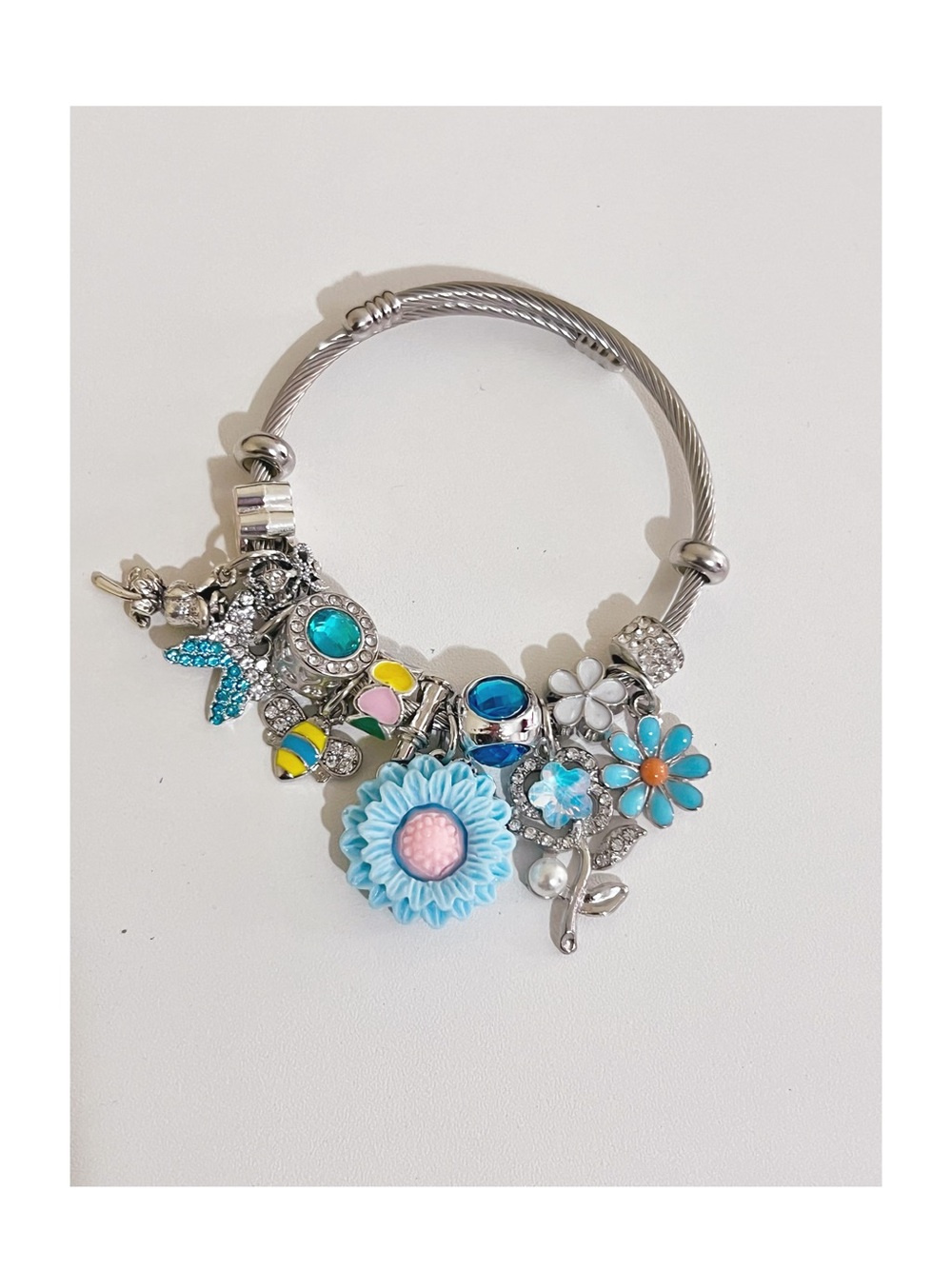 Silver Bracelet Charm Bangle with Blue and Turquoise Charms